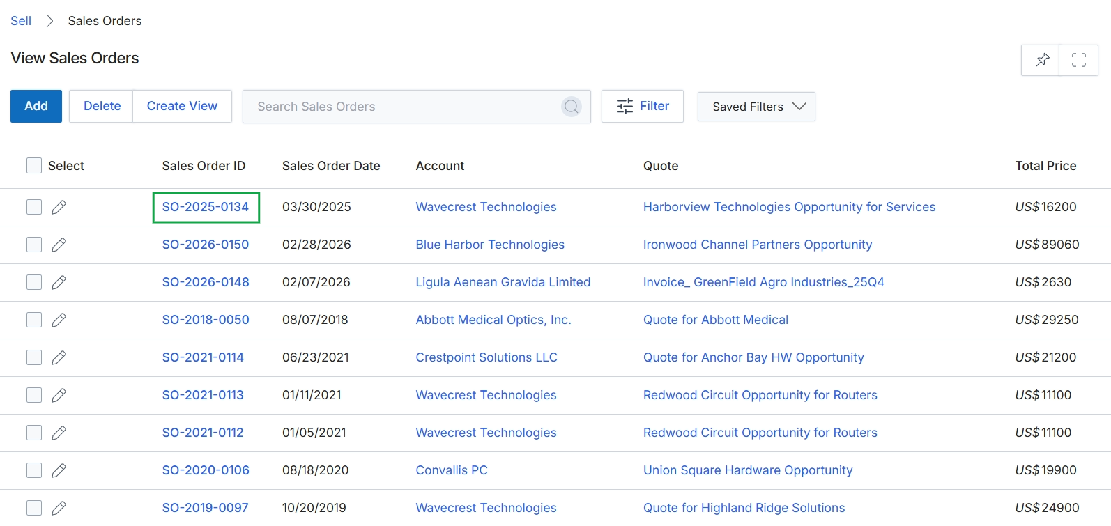 Sales Orders list view