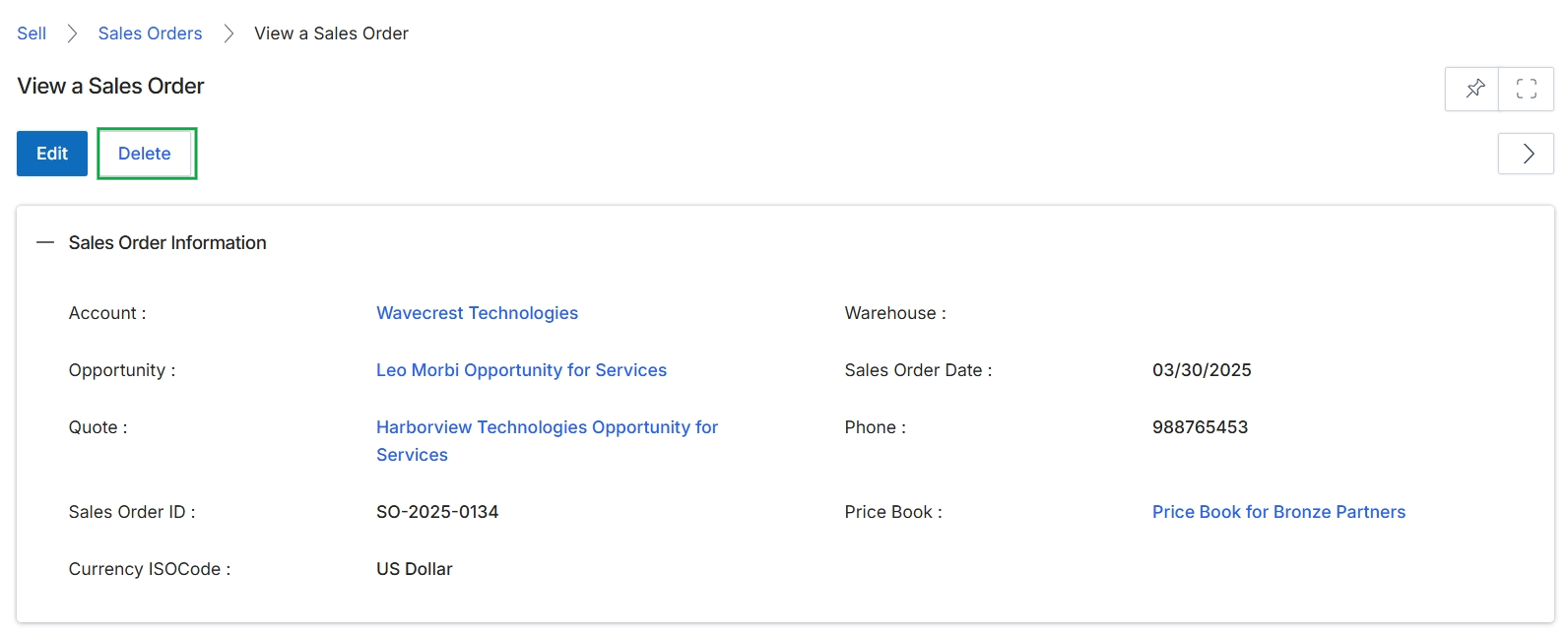 View a Sales Order page with Delete button highlighted