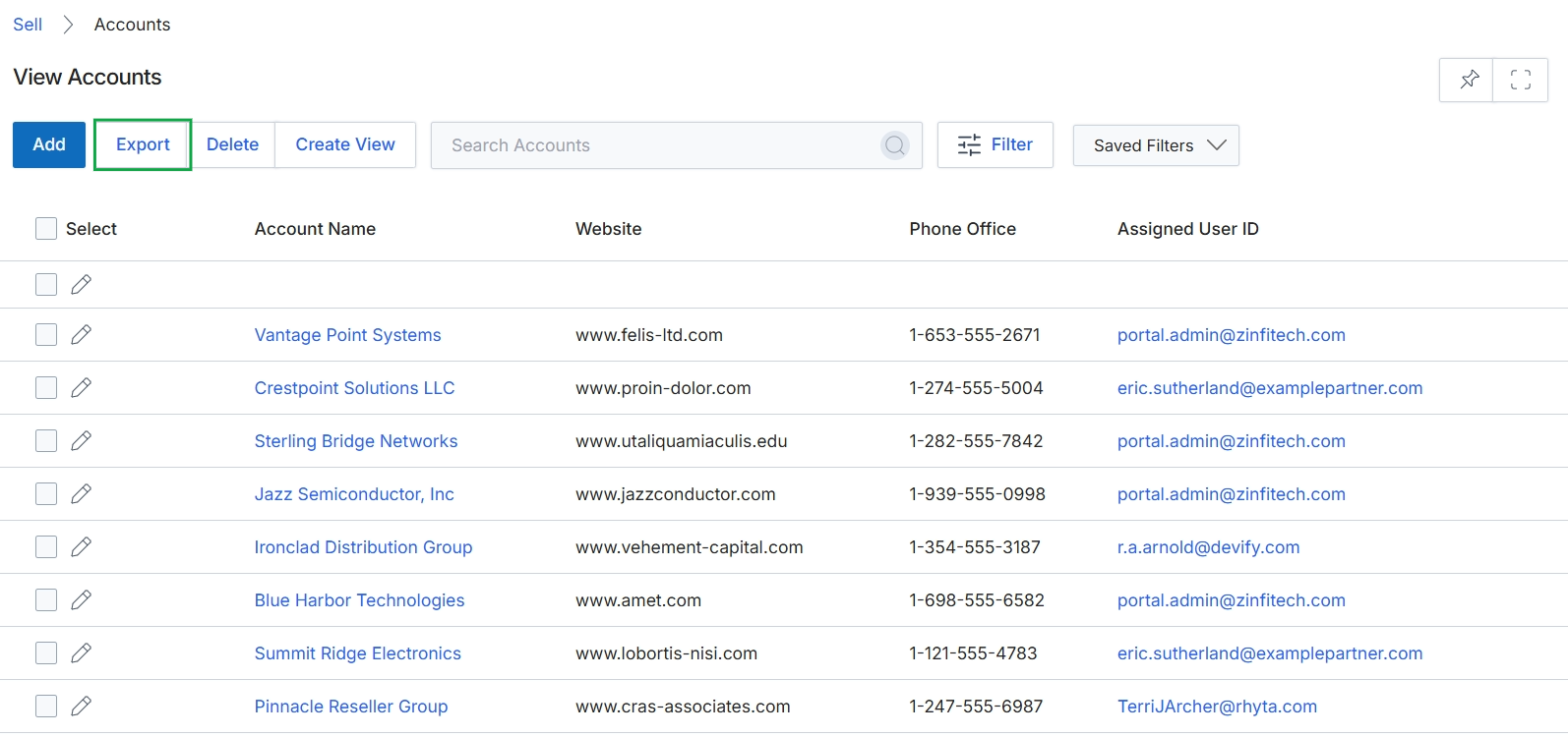 View Accounts list page
