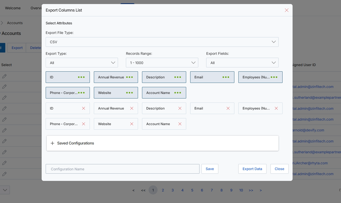 Export Columns List modal