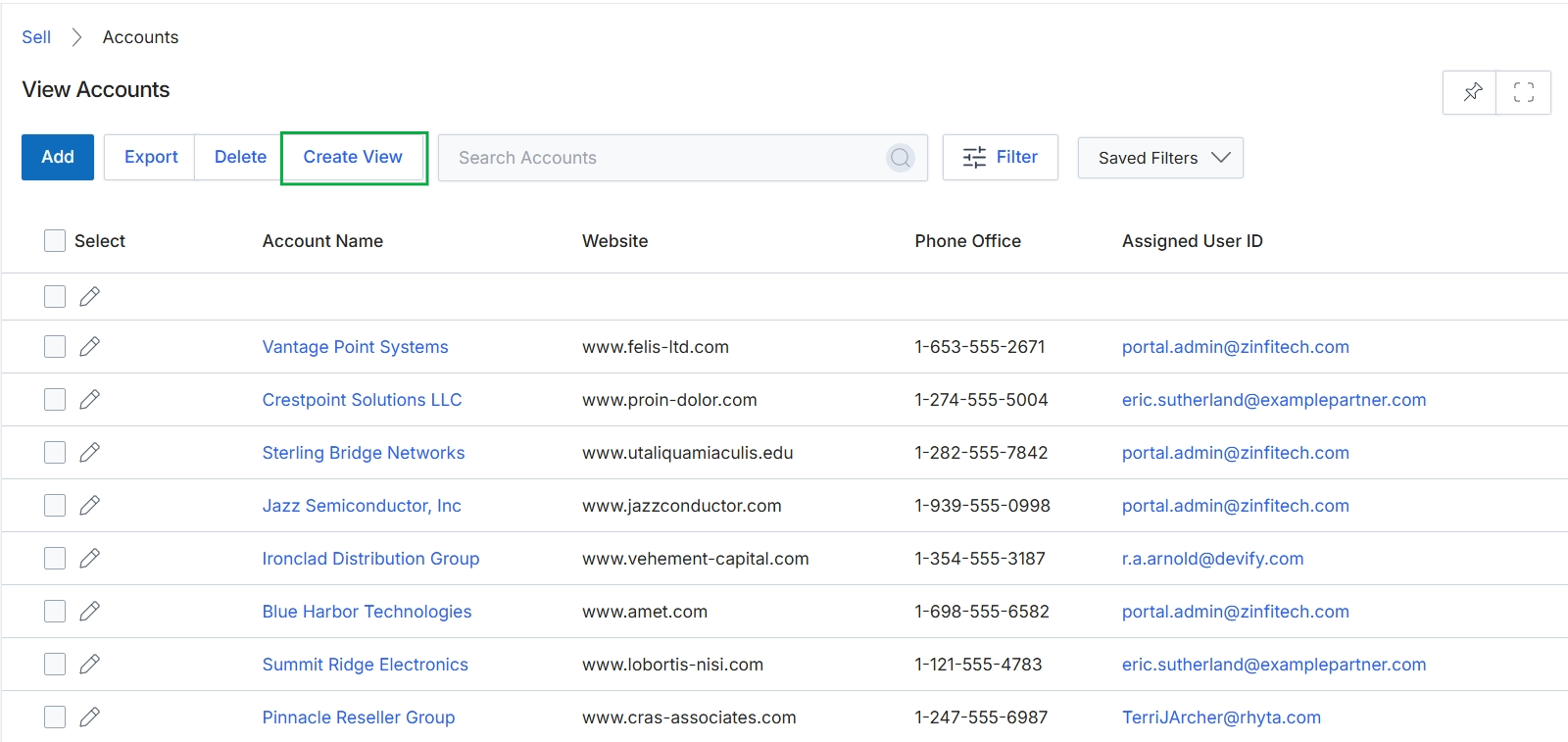 View Accounts page with Delete Record List modal closed