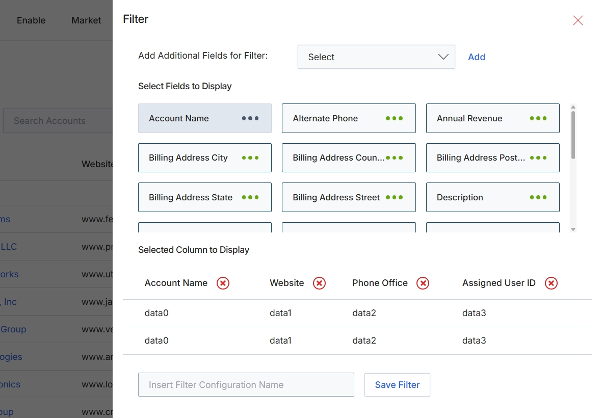 Filter configuration panel