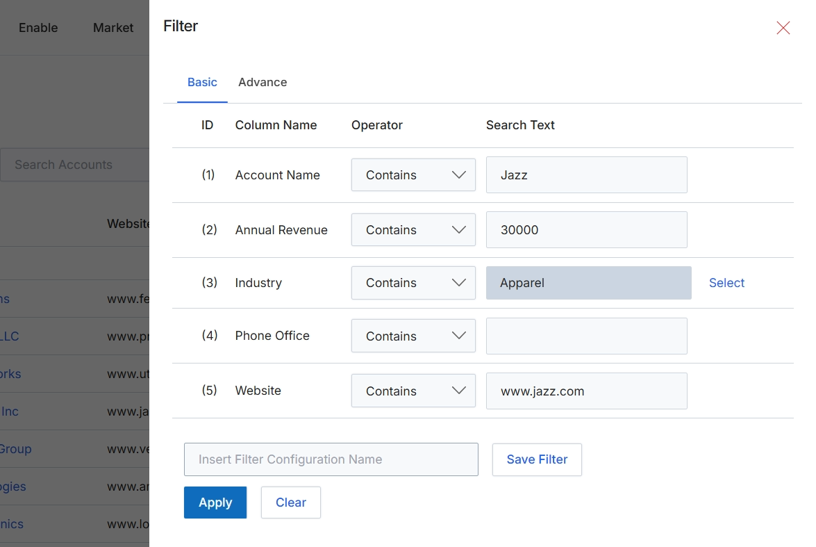 Filter dialog for accounts