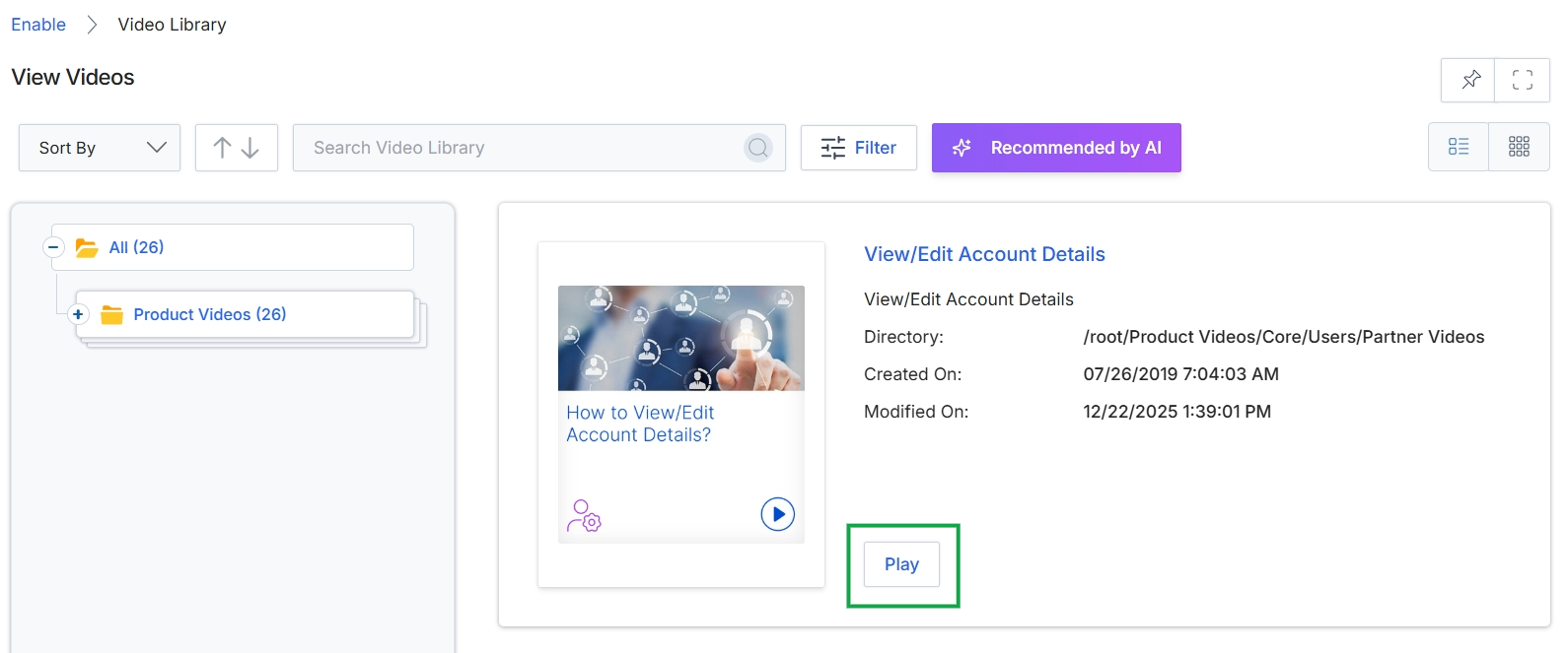 View Videos page with Play button