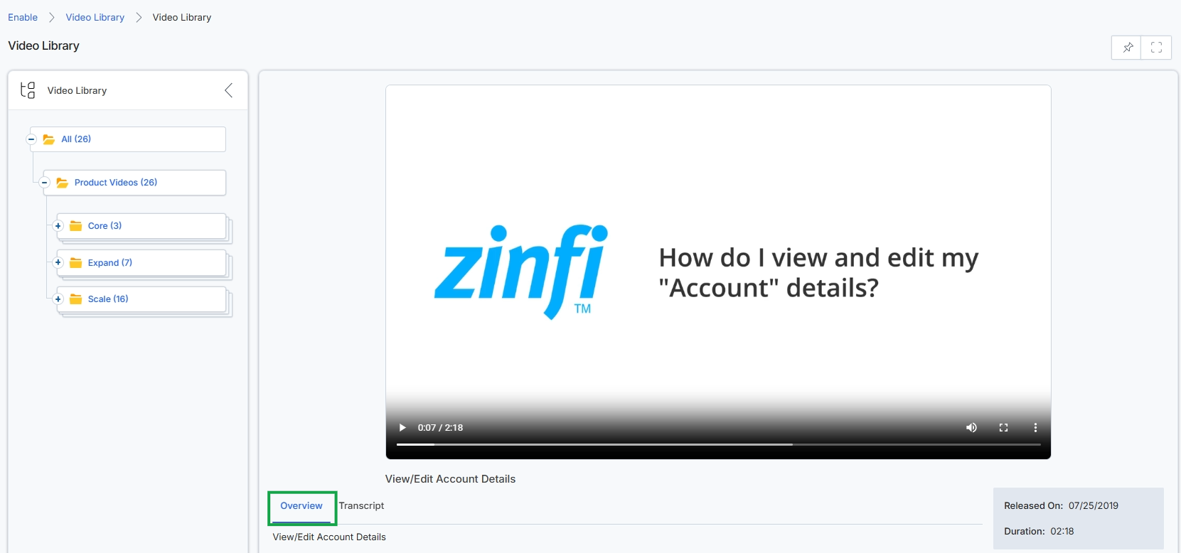 Video Library with video player and categories
