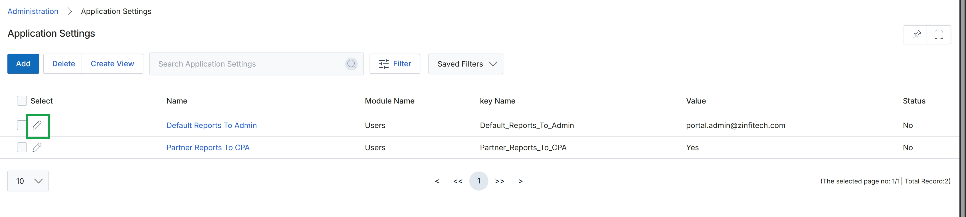 Application Settings list view