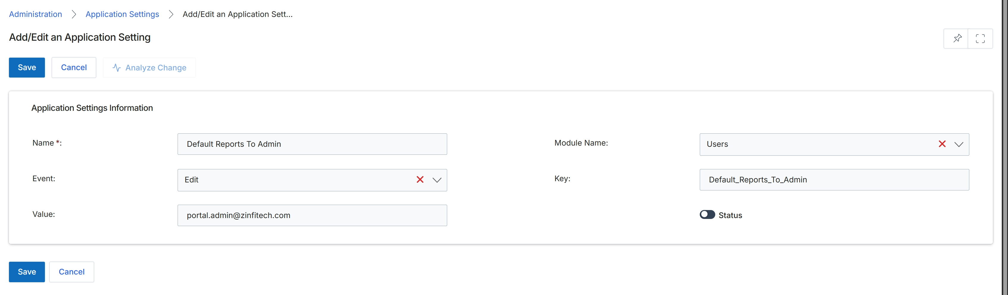 Add/Edit an Application Setting form