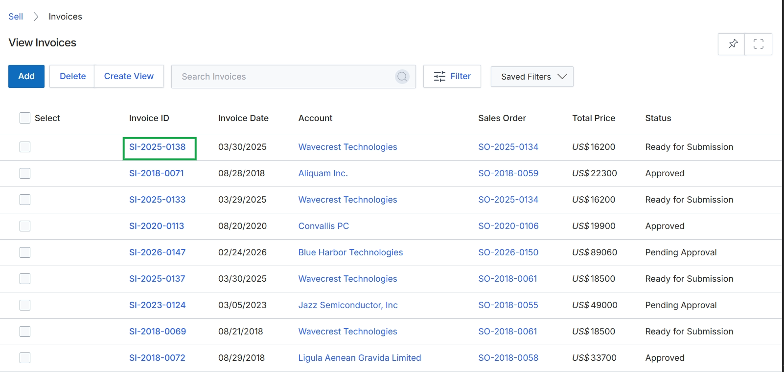 Invoices list view