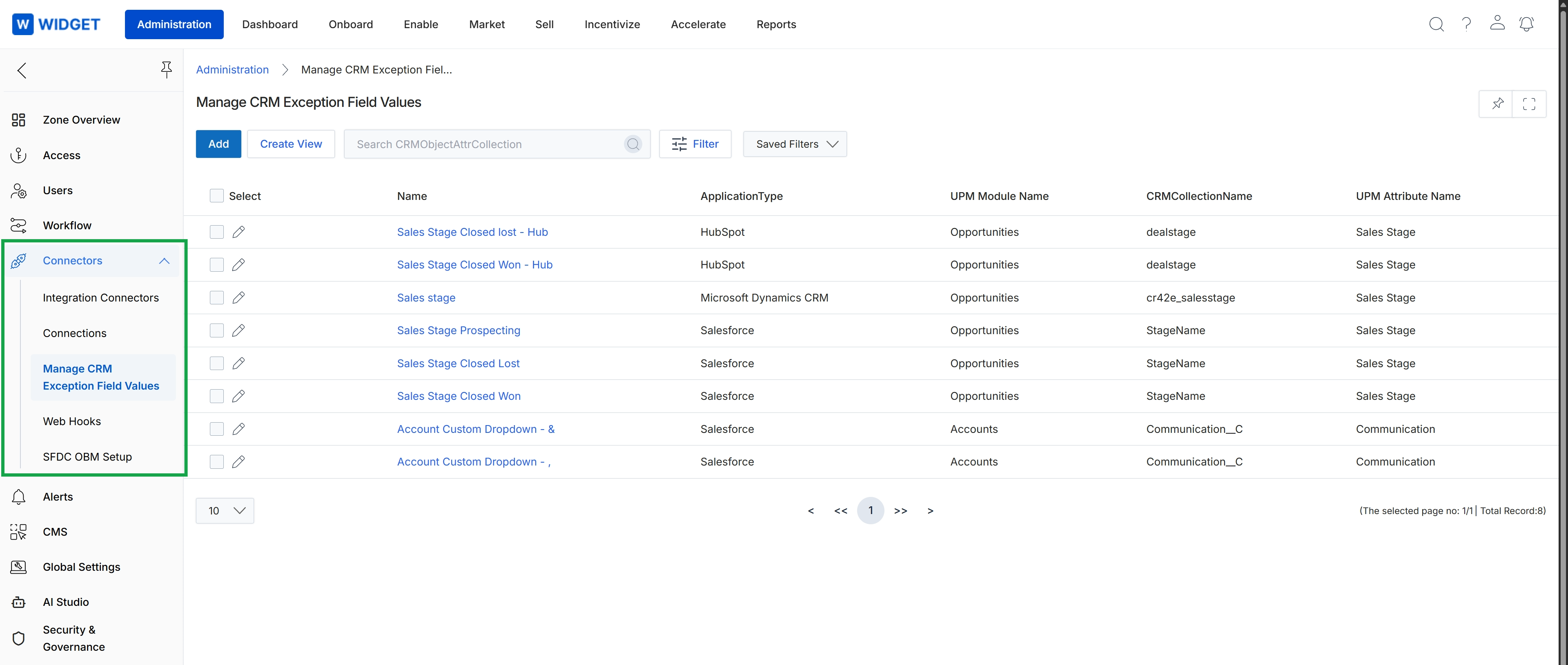 Manage CRM Exception Field Values list view