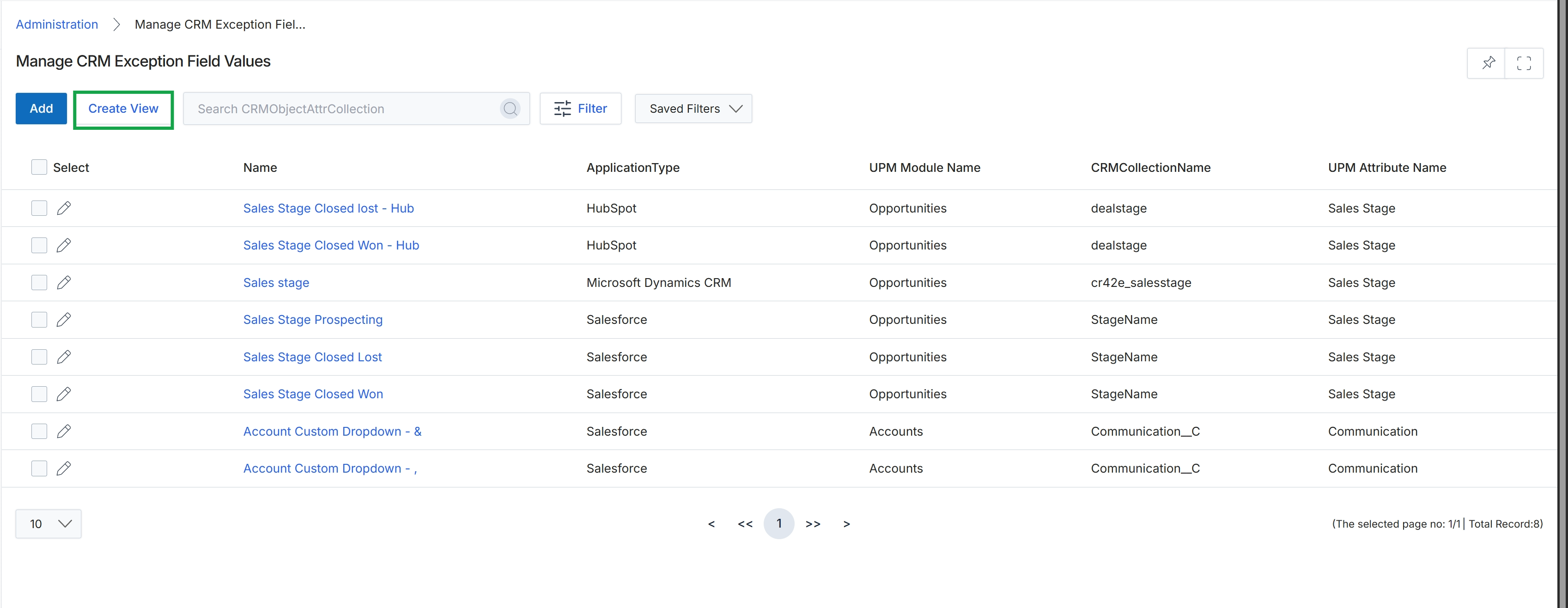 Manage CRM Exception Field Values list view