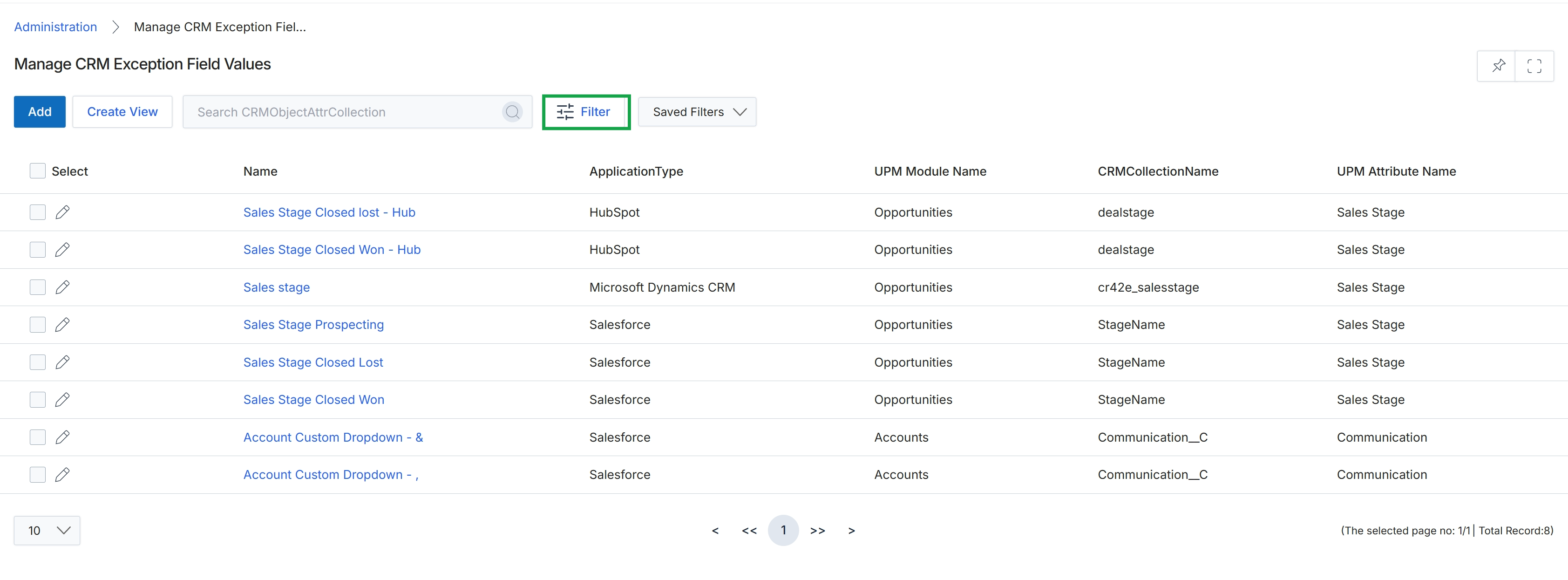 Manage CRM Exception Field Values list view