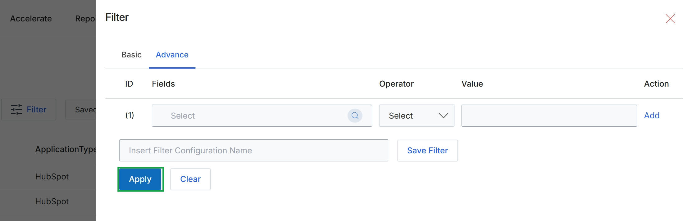 Advanced Filter configuration panel