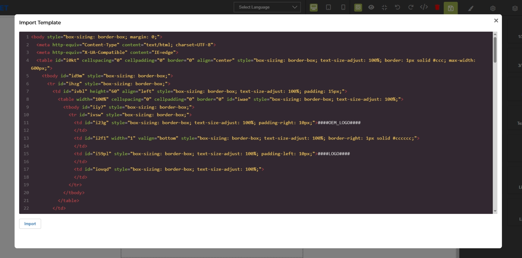 This screen displays the HTML source code of an email template within the UPM platform. It allows users to directly view and edit the underlying code that defines the structure and content of the email, providing granular control over its design. This code view is an alternative to the visual drag-and-drop editor, enabling advanced customization or integration of external HTML templates.