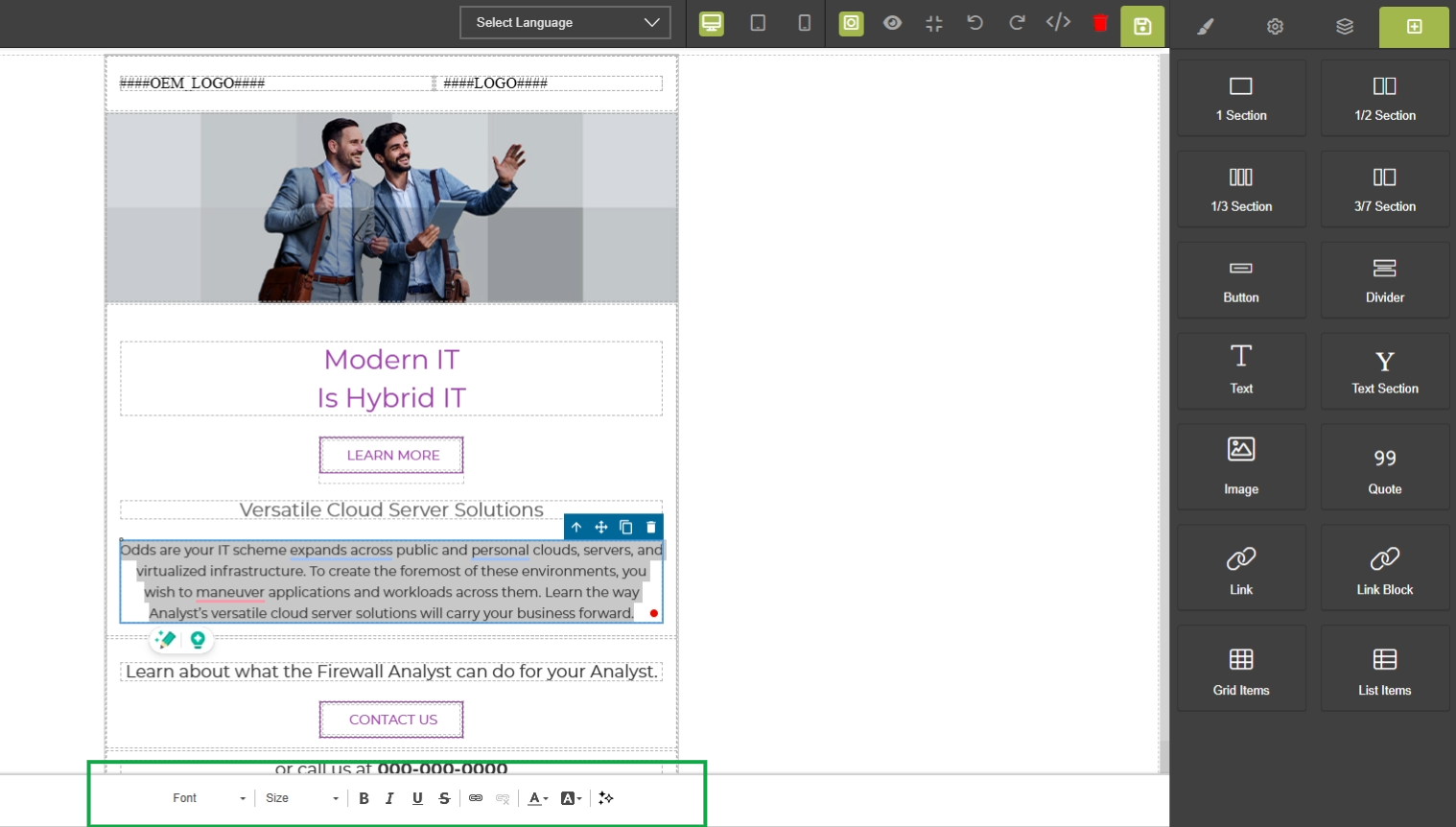 This screen displays the visual editor for email templates within the UPM Market module, specifically for managing email marketing content. Unlike the HTML code editor, this interface provides a What You See Is What You Get (WYSIWYG) environment, allowing users to directly manipulate the visual layout and content of an email template. This editor is crucial for non-technical users to design and customize email campaigns without needing to write or understand HTML code. It enables the creation of visually appealing and responsive email templates that can be used for various marketing activities, such as promoting events, sharing assets, or nurturing leads, which are then distributed to partners or directly to prospects.