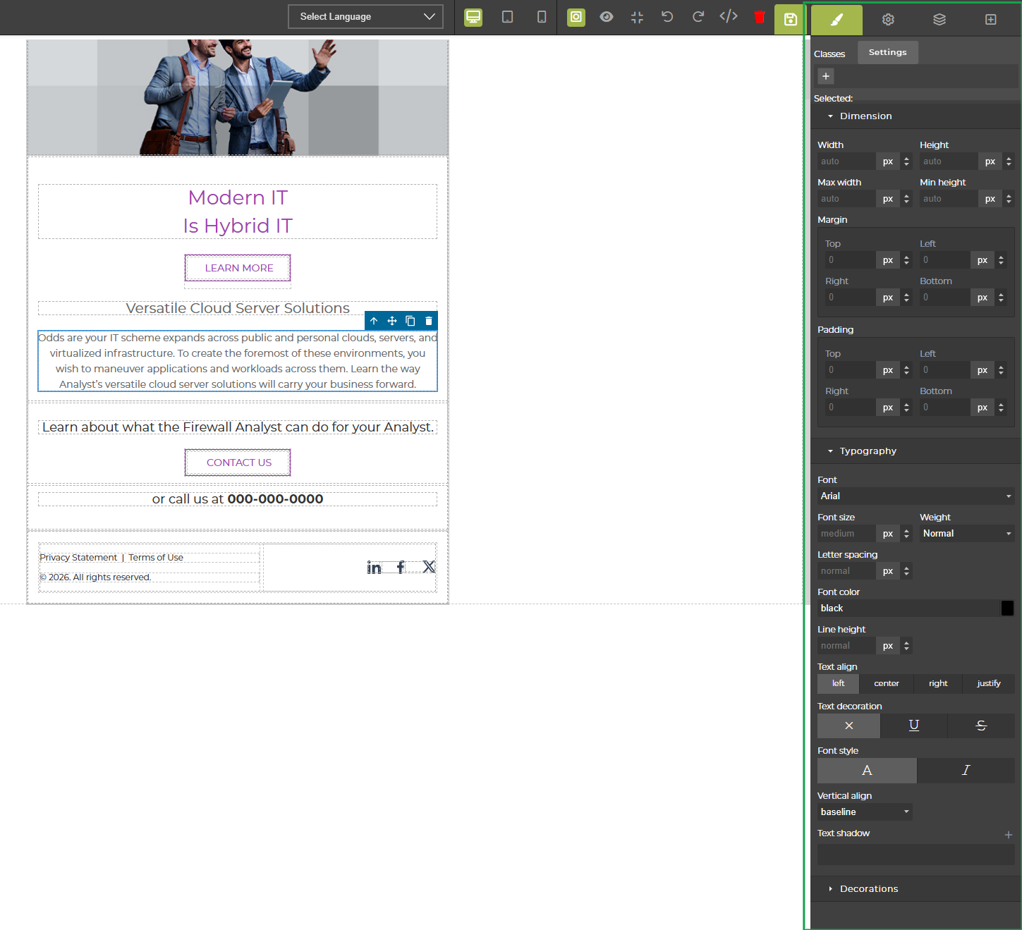 The UPM Email Template Builder provides a visual drag-and-drop interface for vendors to design and customize email marketing campaigns within the Market module. This tool facilitates the creation of rich, responsive email layouts by combining various content blocks and sections. The right-hand panel, referred to as the Style Manager, offers granular control over the visual properties of selected elements, allowing users to fine-tune dimensions, spacing, typography, and other stylistic attributes. This extensive customization capability ensures that email templates adhere to brand guidelines and effectively communicate marketing messages to partners and end-customers.