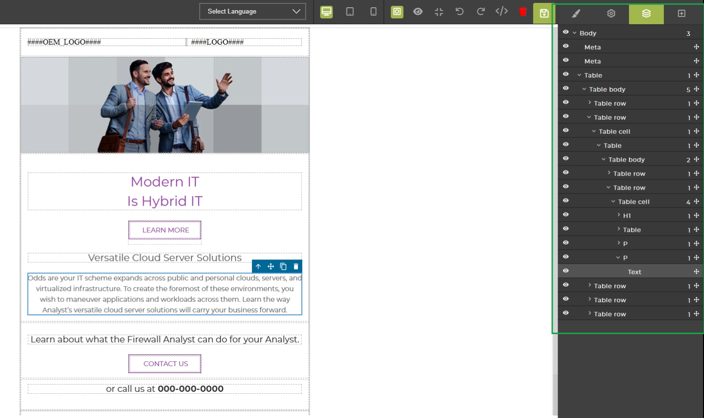The Layer Manager panel provides a hierarchical view of all elements and components within the email template being designed. This feature is crucial for managing complex layouts, allowing users to easily select, reorder, and manipulate individual elements that might be difficult to access directly on the canvas, especially when elements are nested or overlapping. It displays the structural composition of the email, reflecting the underlying HTML structure, and enables precise control over each layer's visibility and properties. This panel helps ensure the email's design is robust and responsive across various email clients and devices.