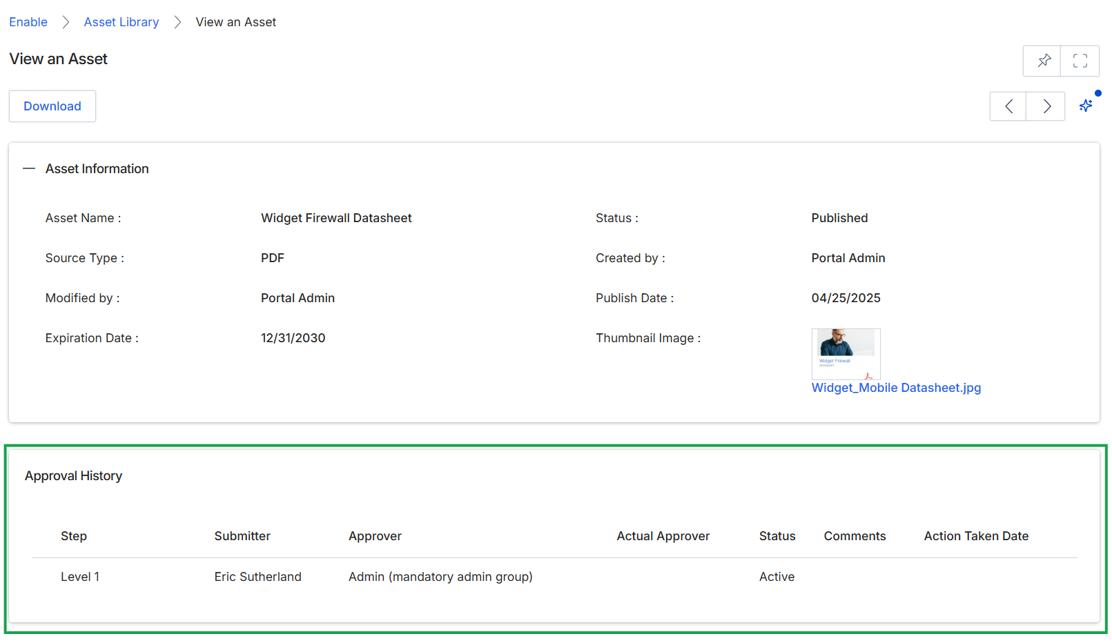 Asset detail view with approval history