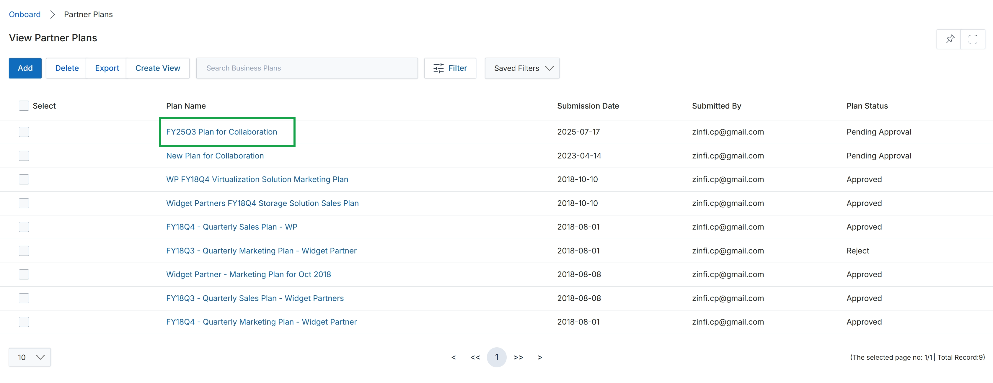 View Partner Plans list page