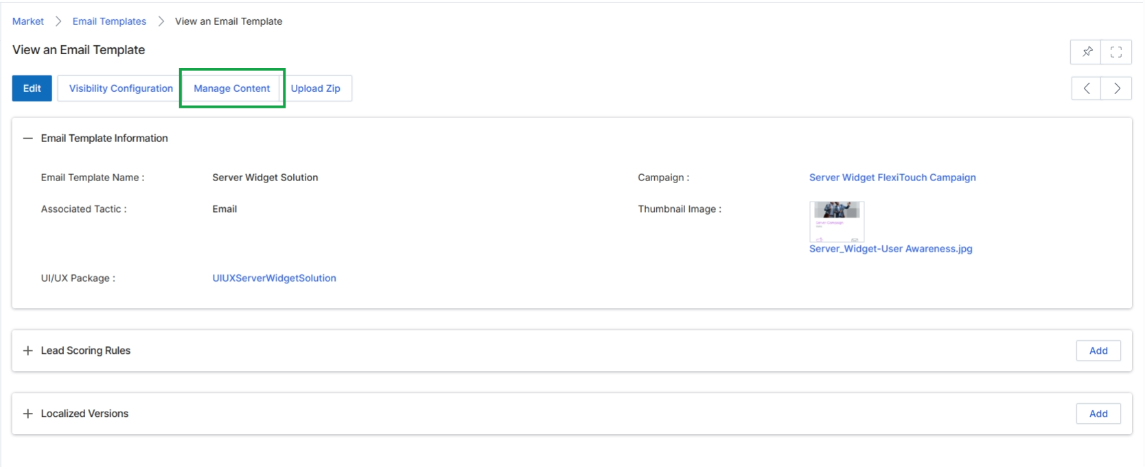 Click Manage Content to open the email template editor.