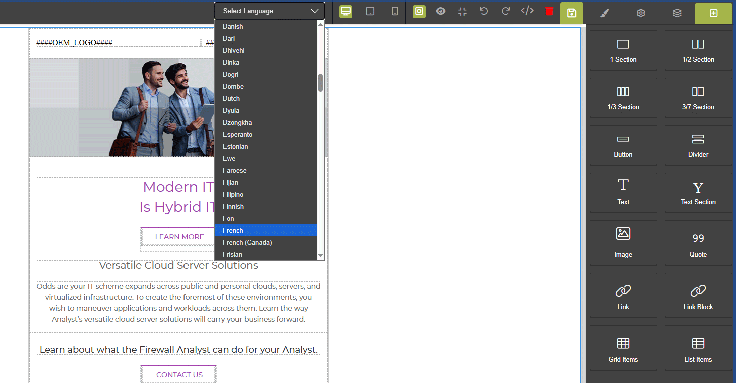 This screen displays the email template editor, specifically highlighting its localization capabilities. Users can select a language from the dropdown menu to view and edit the email template in that specific language. This feature allows for the creation and management of multiple localized versions of a single email template, ensuring that marketing communications can be tailored to different linguistic audiences within a partner program. The selected language, in this case 'French', indicates that the content being displayed and edited corresponds to the French version of the email template.