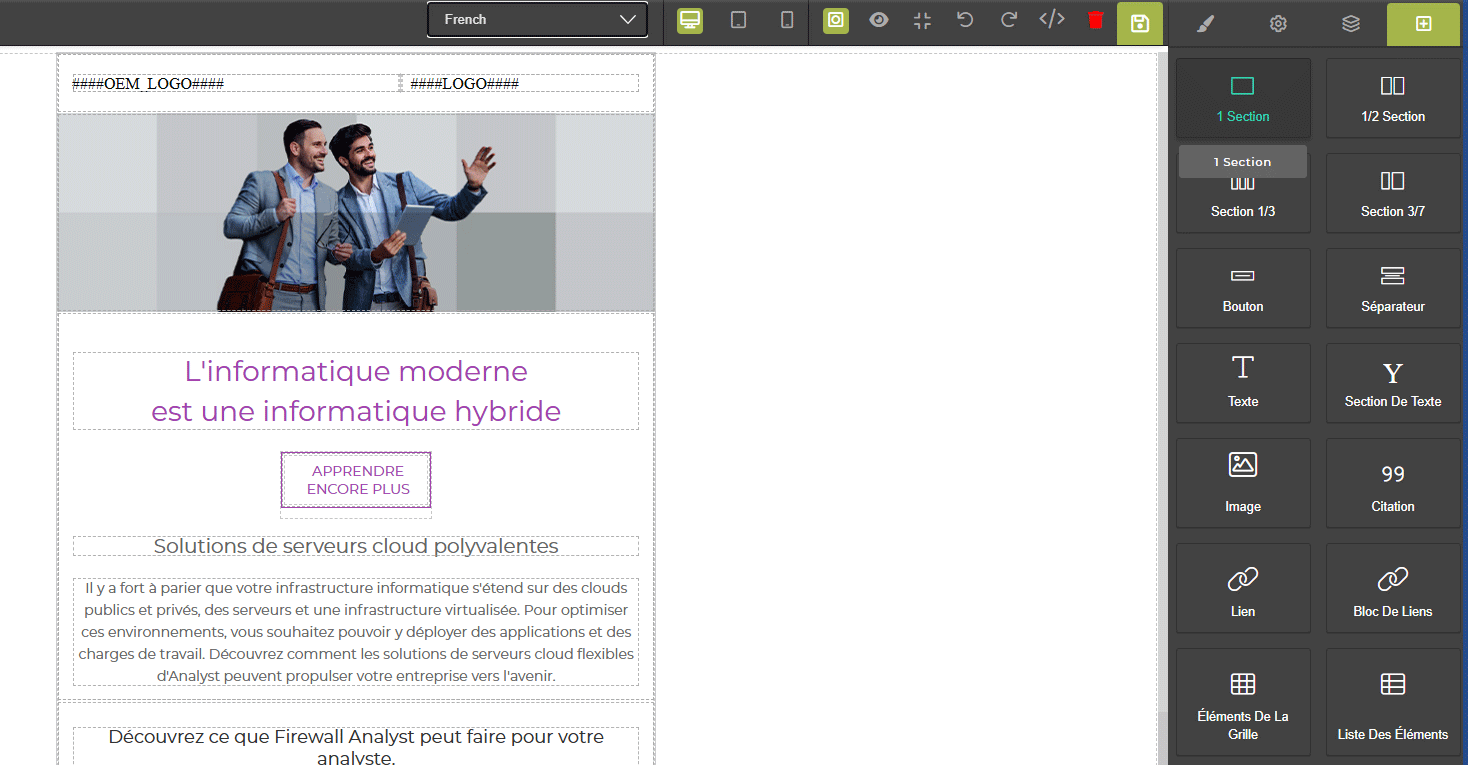 This screen displays the email template editor after the user has selected 'French' as the language for translation and saved the changes. The content of the email template, including headlines, body text, and button labels, has been updated to reflect the French translation. This functionality allows vendors and partners to localize their email campaigns for different linguistic audiences, ensuring that marketing messages are culturally and linguistically appropriate for the target recipients.