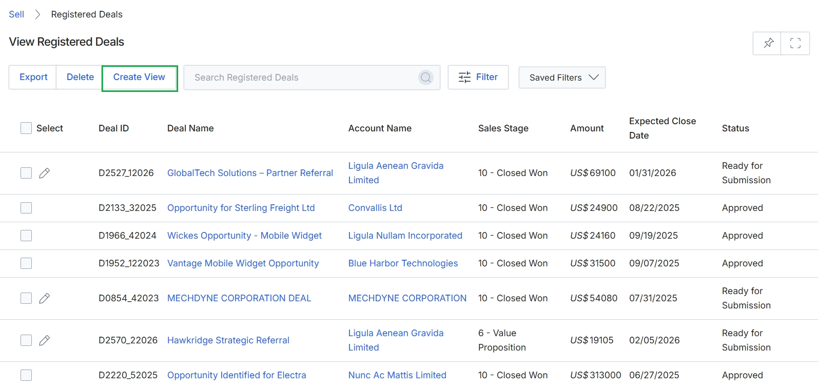 Registered Deals list view
