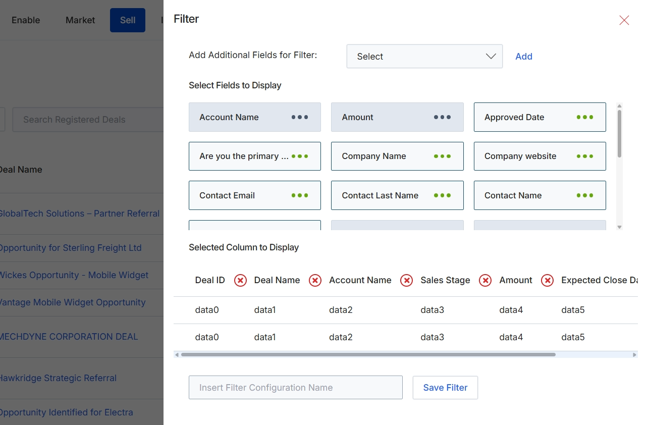 Filter configuration for Registered Deals