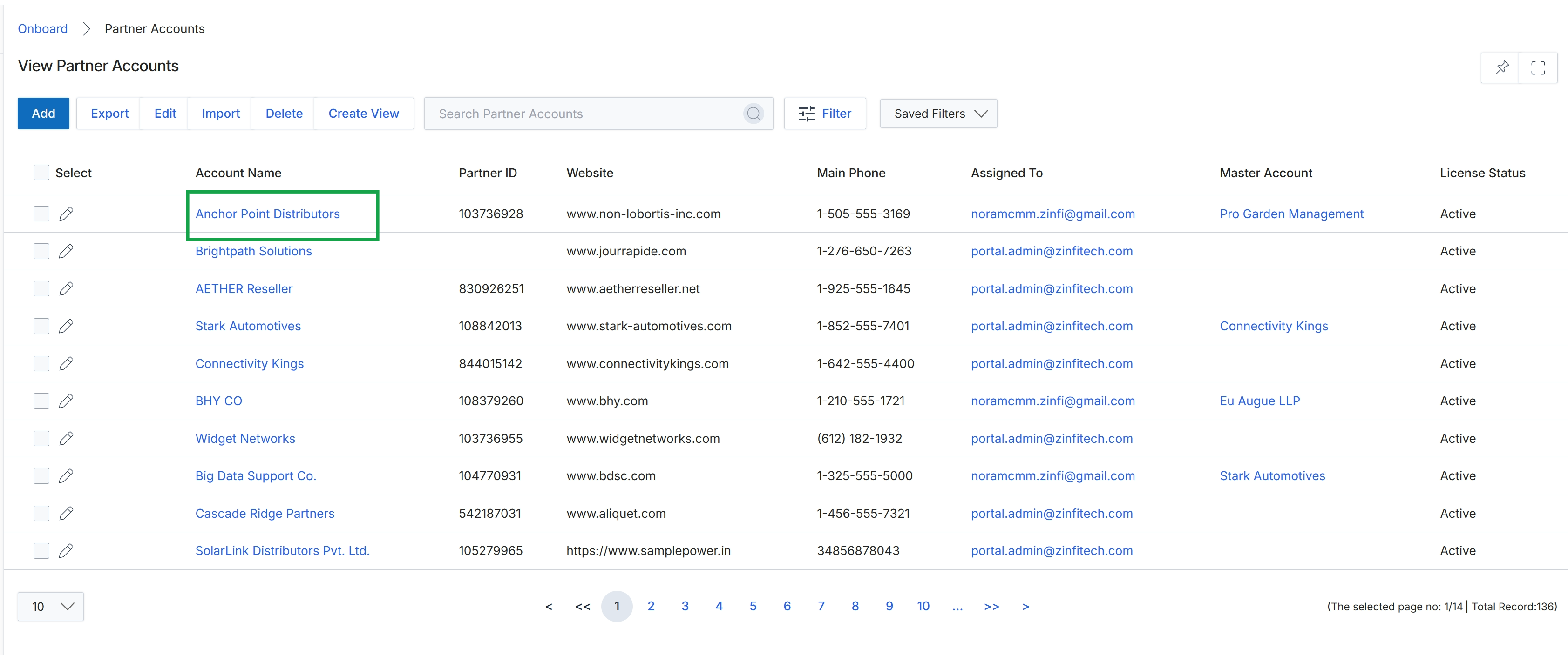 View Partner Accounts list