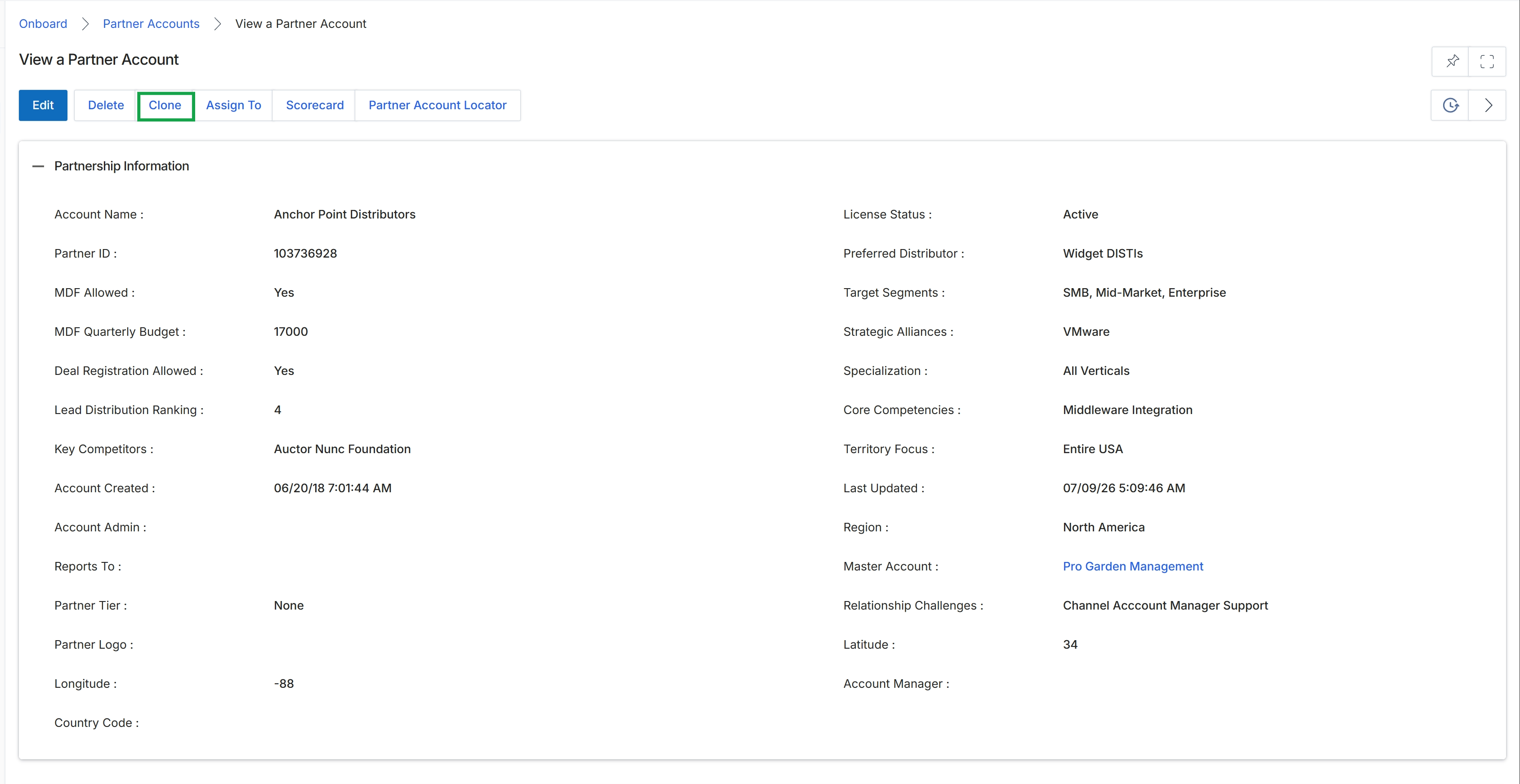 View a Partner Account page with Clone button highlighted