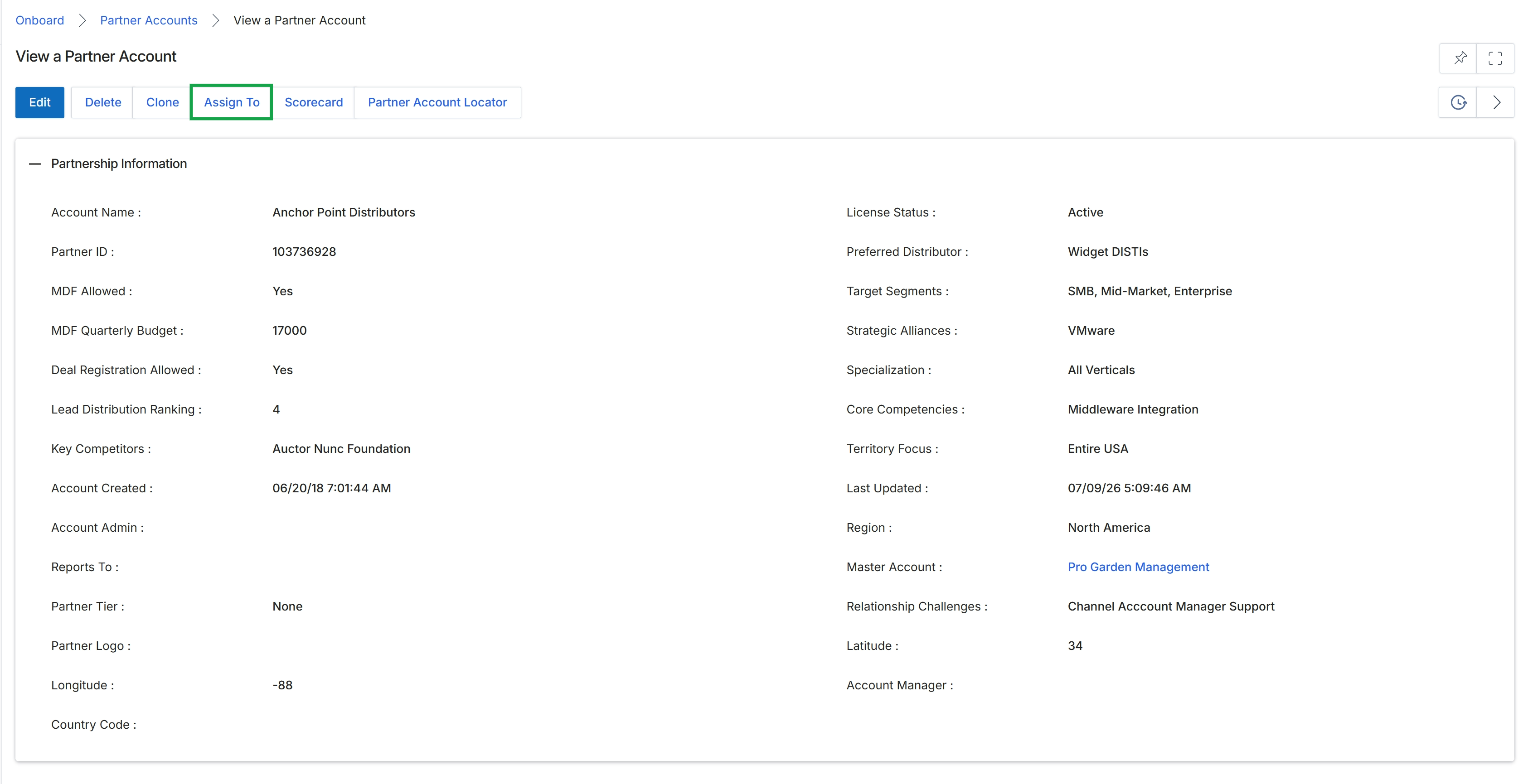View a Partner Account page with action buttons