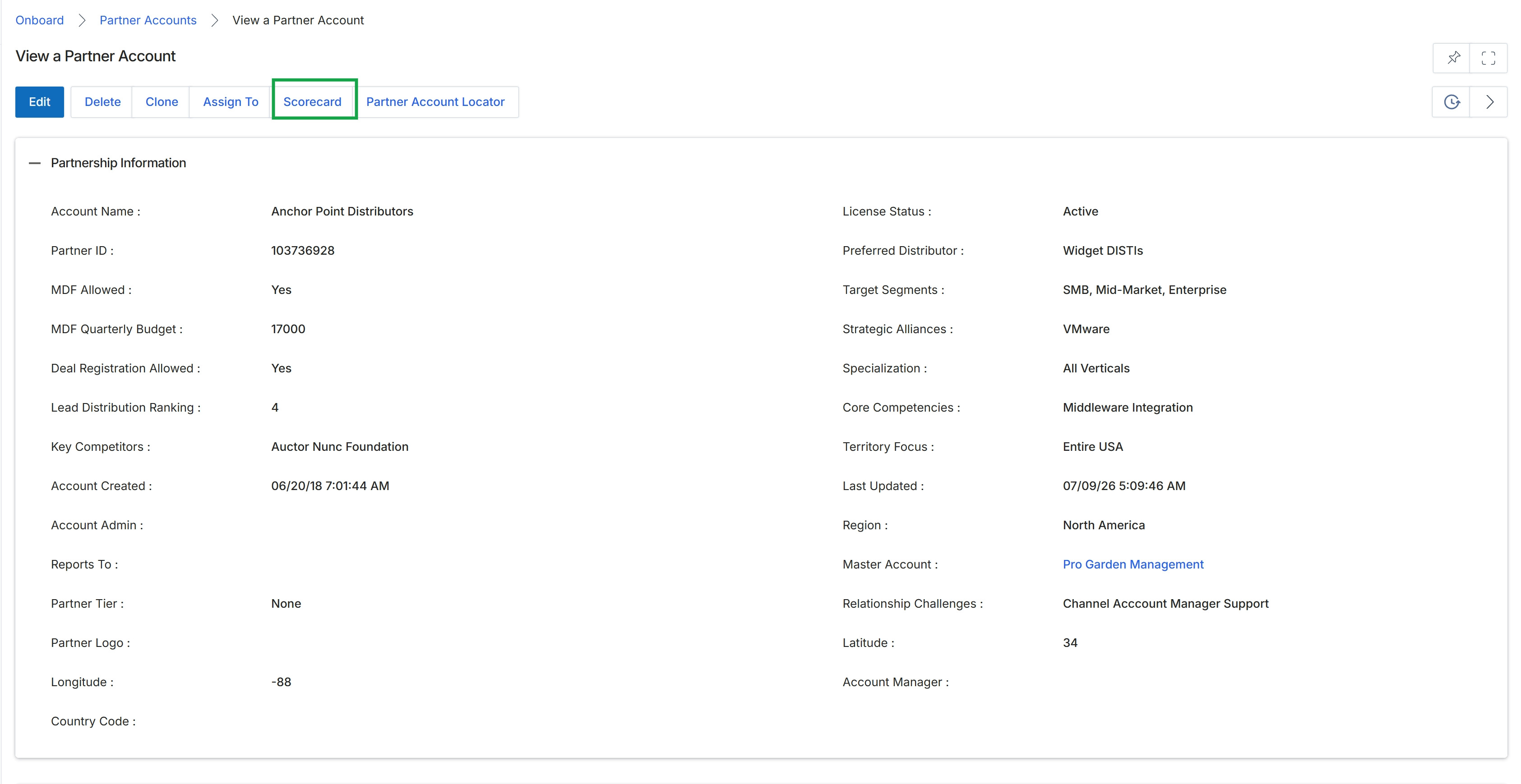 Partner Account detail page
