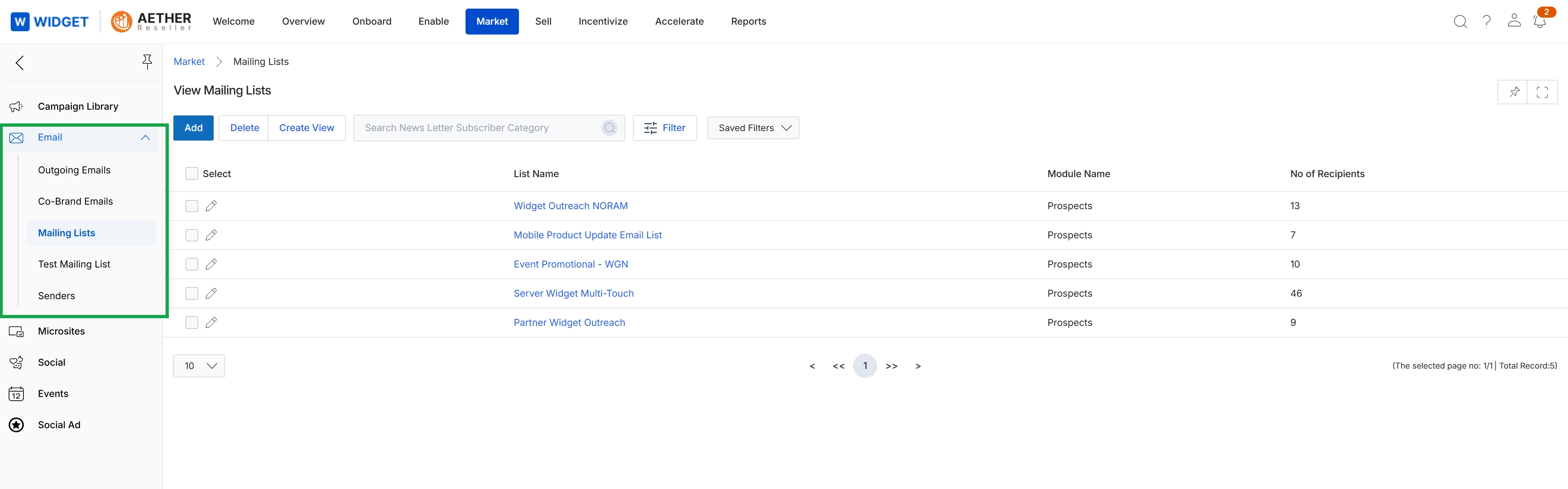 Mailing Lists view page