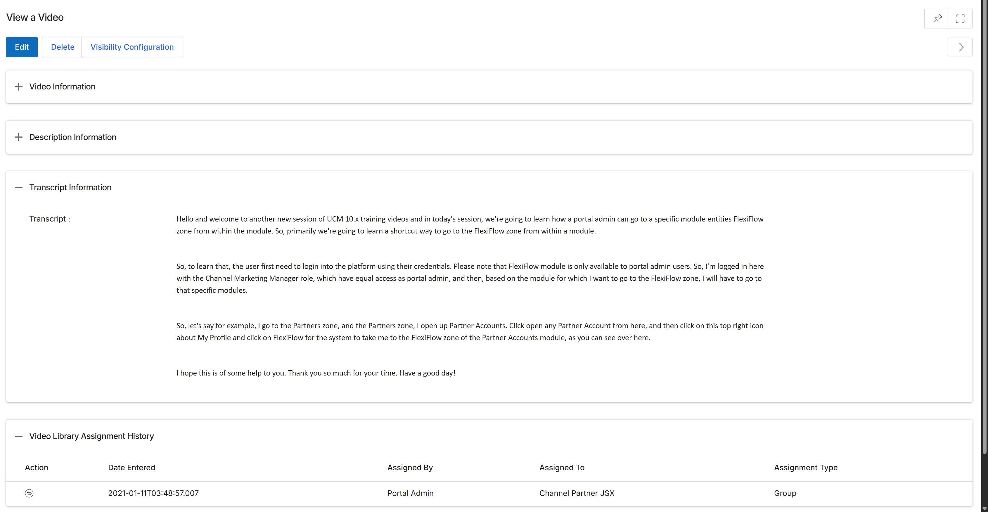 Video asset detail view with transcript and assignment history