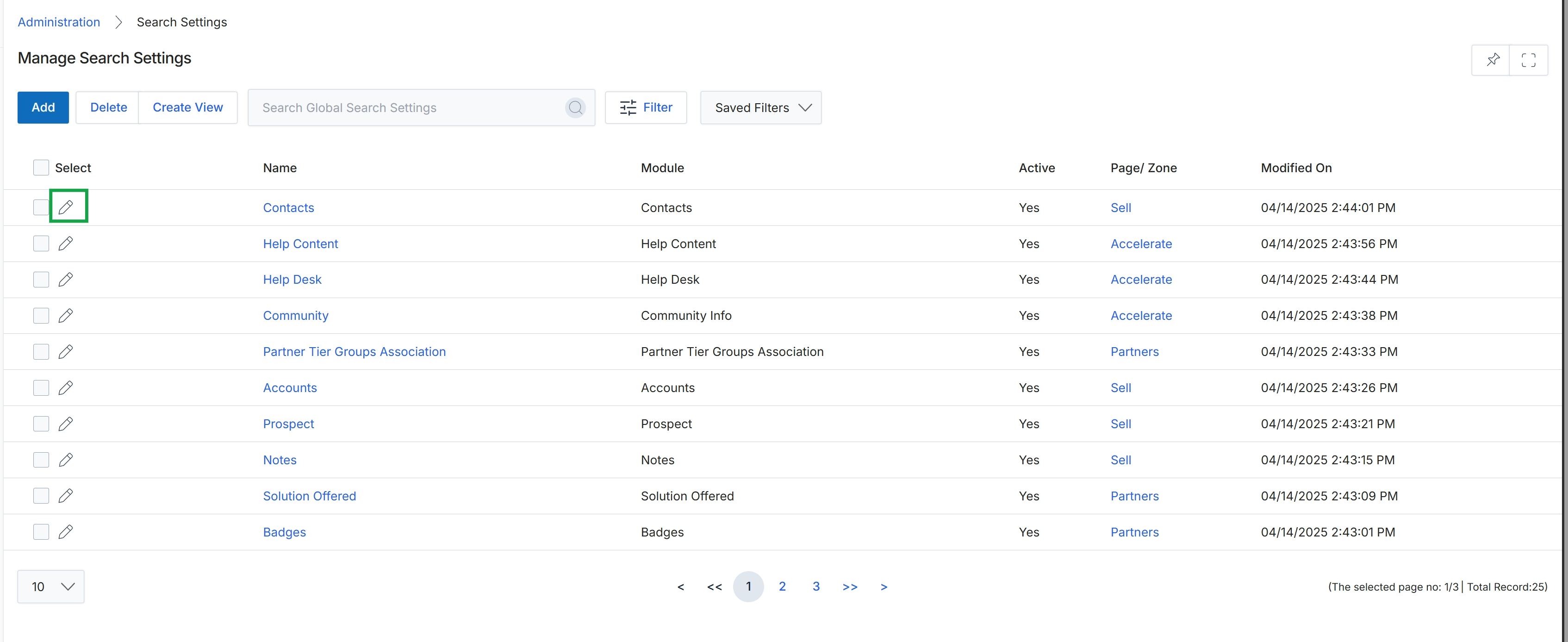 Manage Search Settings list view