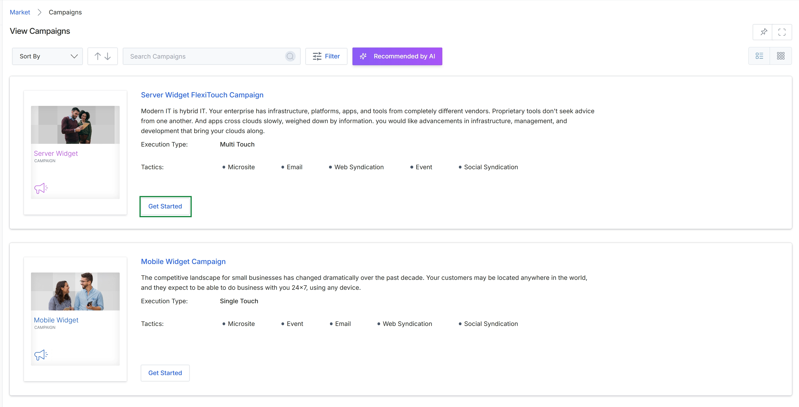 View Campaigns list page