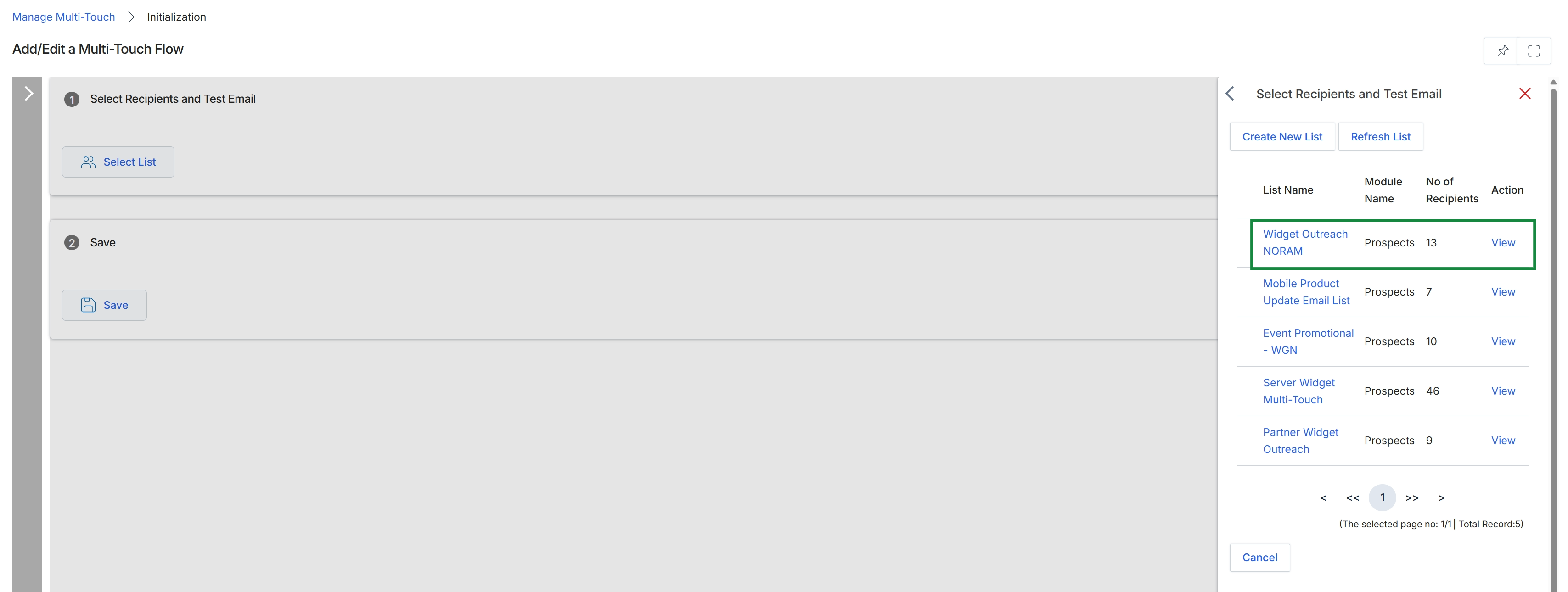 Multi-Touch Flow: Select Recipients and Test Email section with Select List panel open