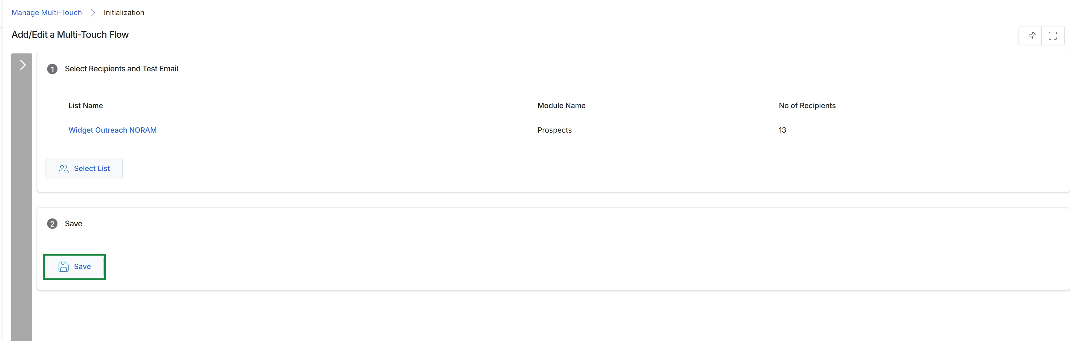 Add/Edit a Multi-Touch Flow: Select Recipients and Test Email