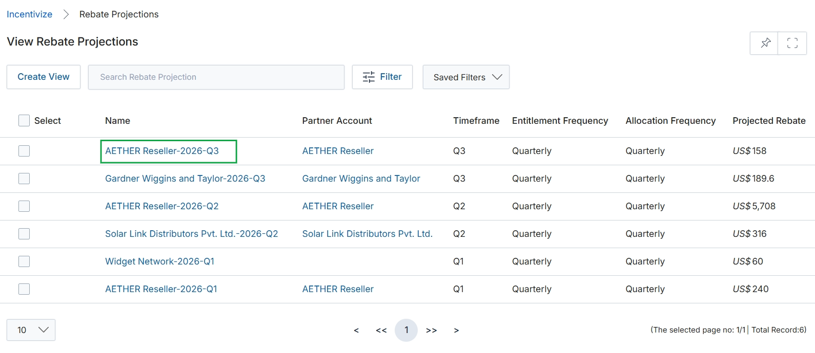 Rebate Projections list view