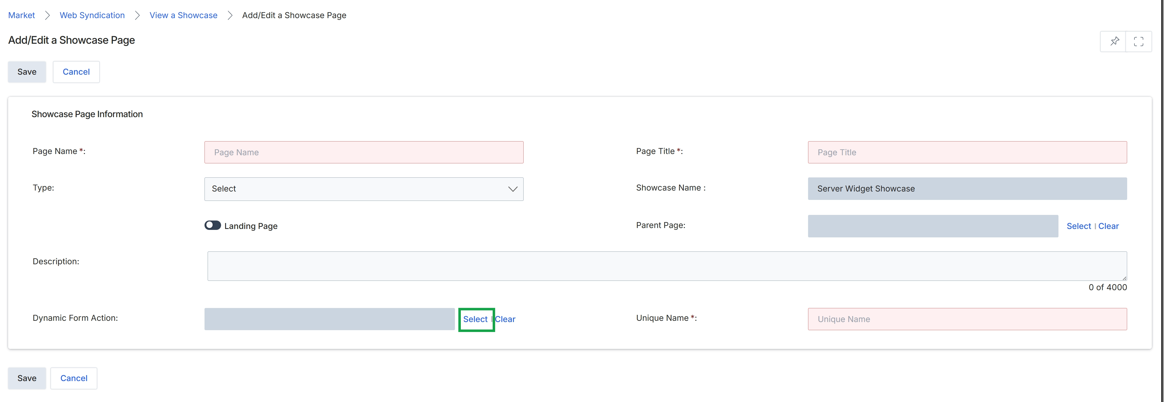 Add/Edit a Showcase Page form