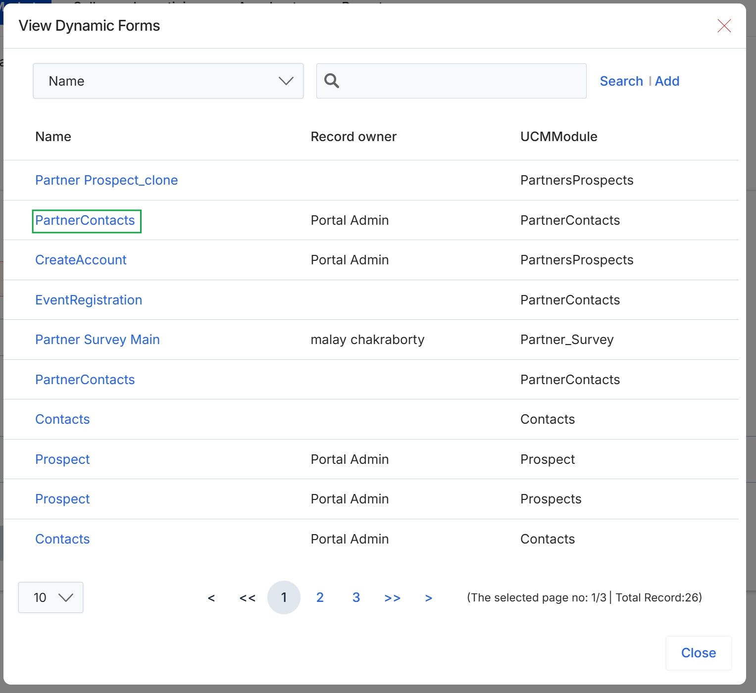 View Dynamic Forms dialog with PartnerContacts selected