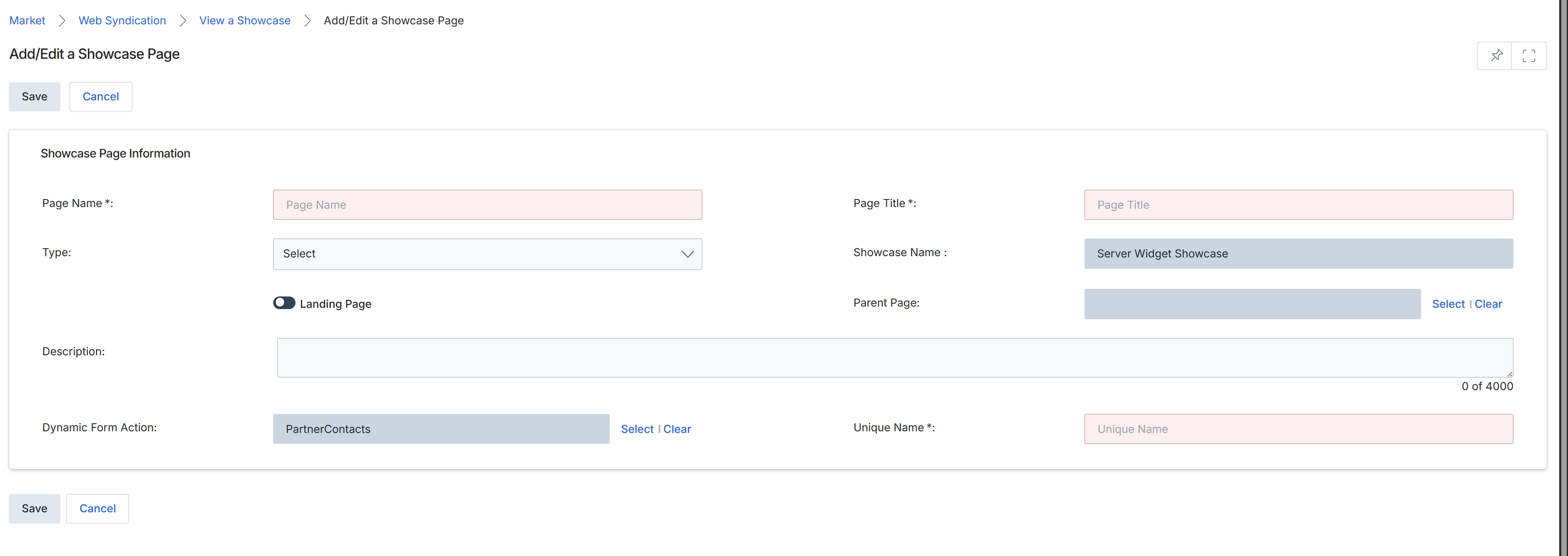 Add/Edit Showcase Page form