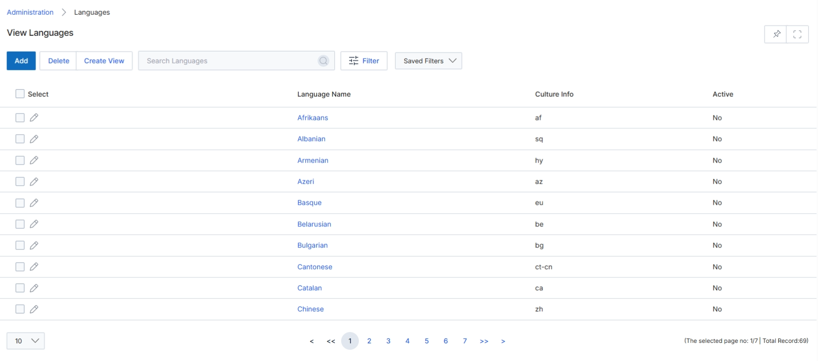 View Languages list