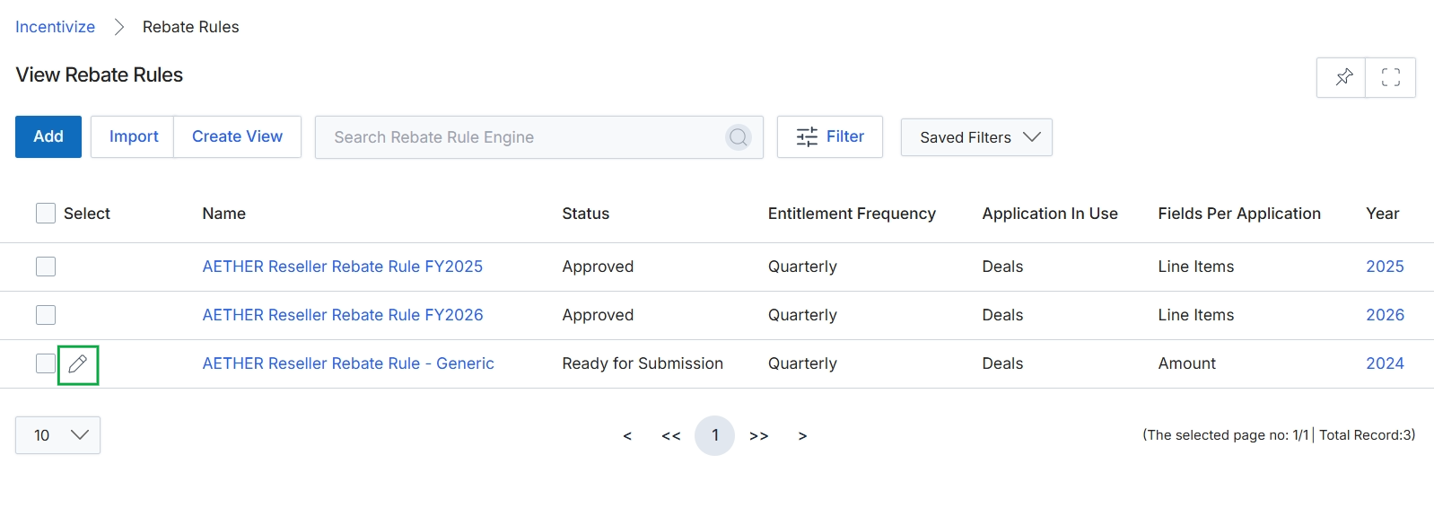 Rebate Rules list view