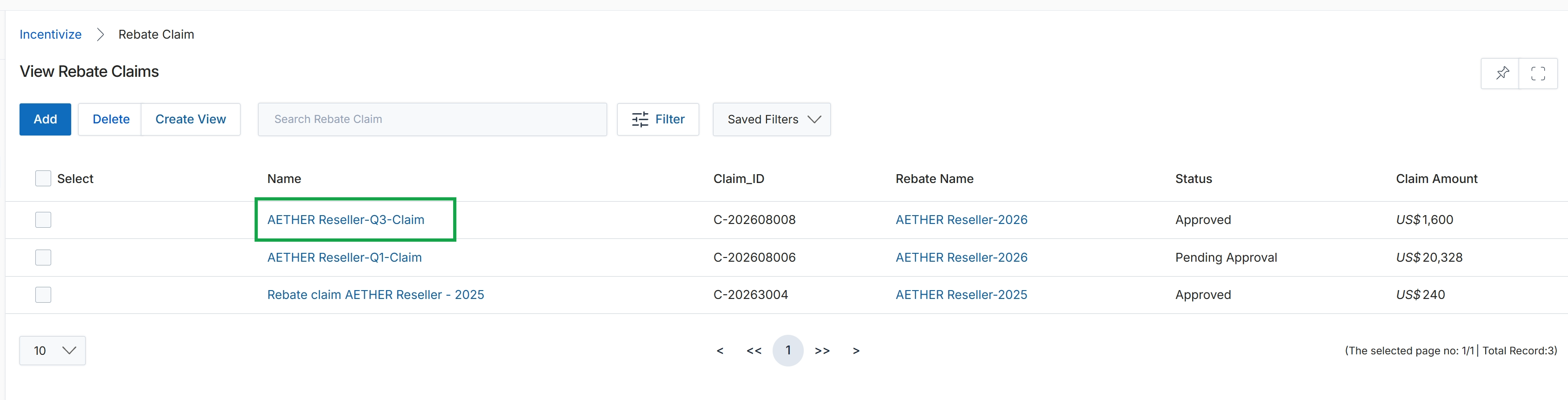 Rebate Claims list view