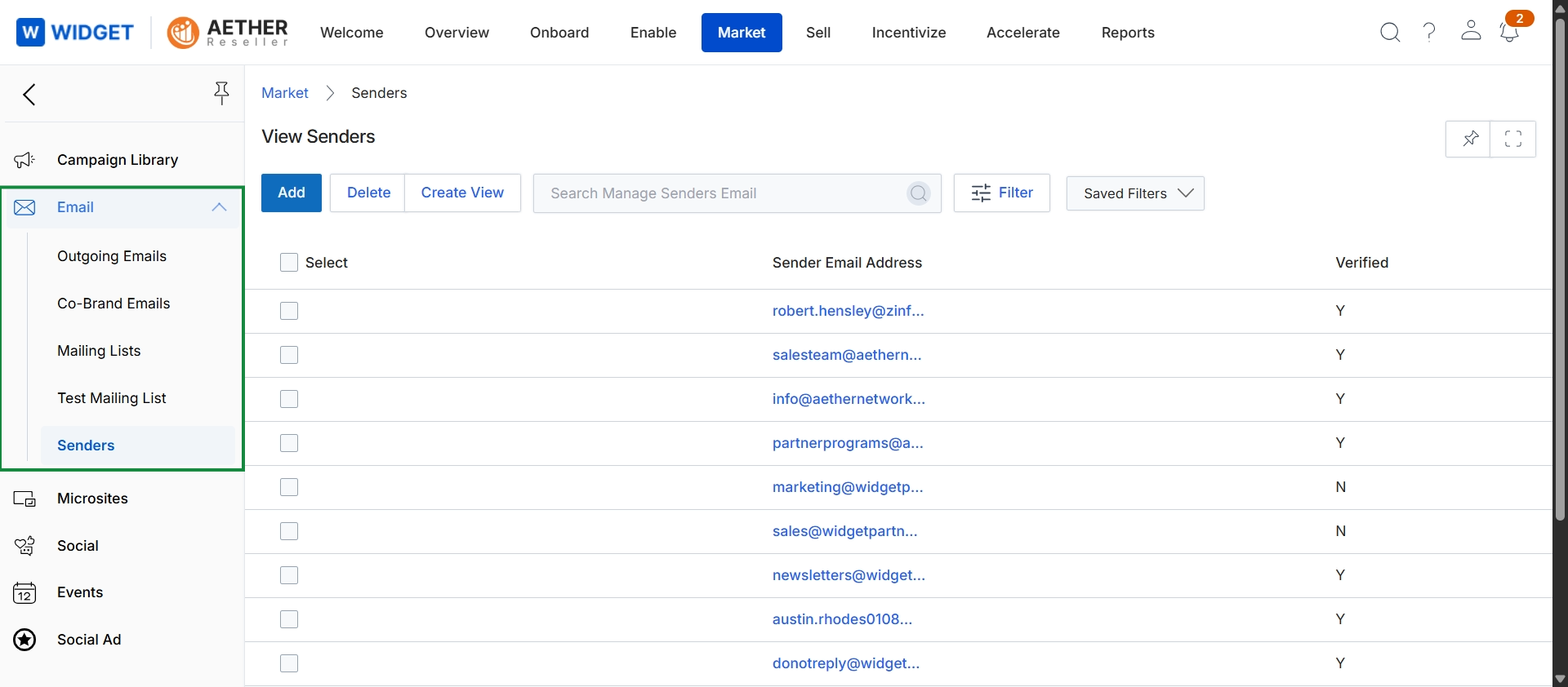 Email Senders list view