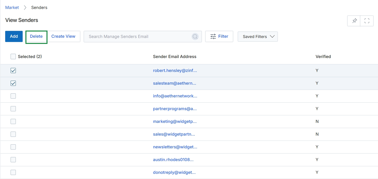 Senders list with items selected