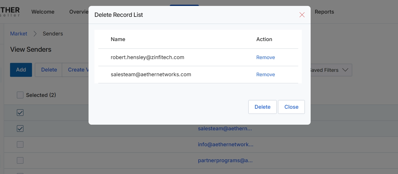 Sender email deletion confirmation dialog
