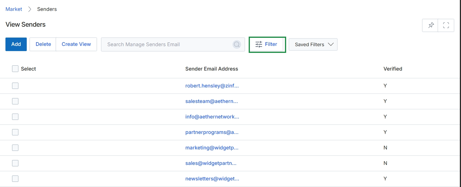View Senders page with filter panel closed