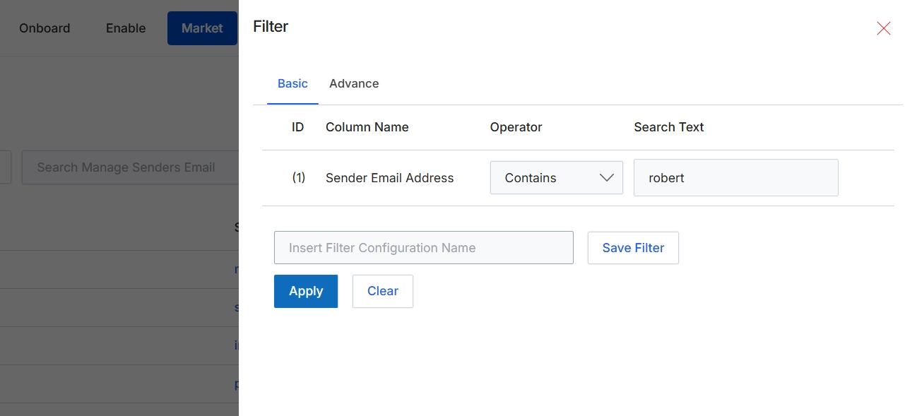 Filter dialog for sender email addresses