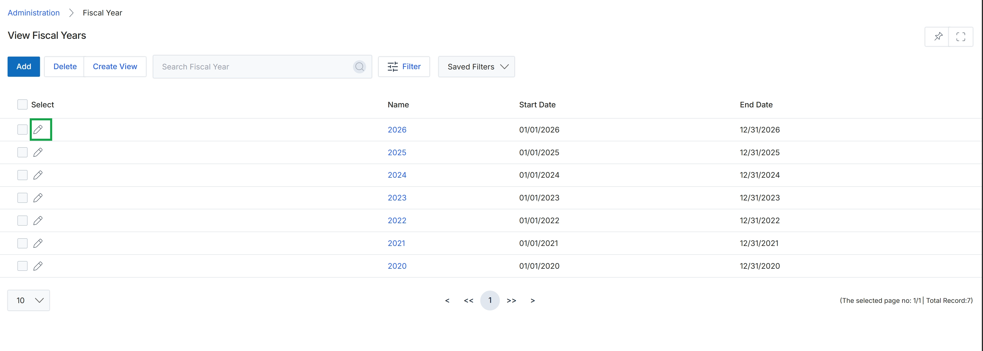 View Fiscal Years list page
